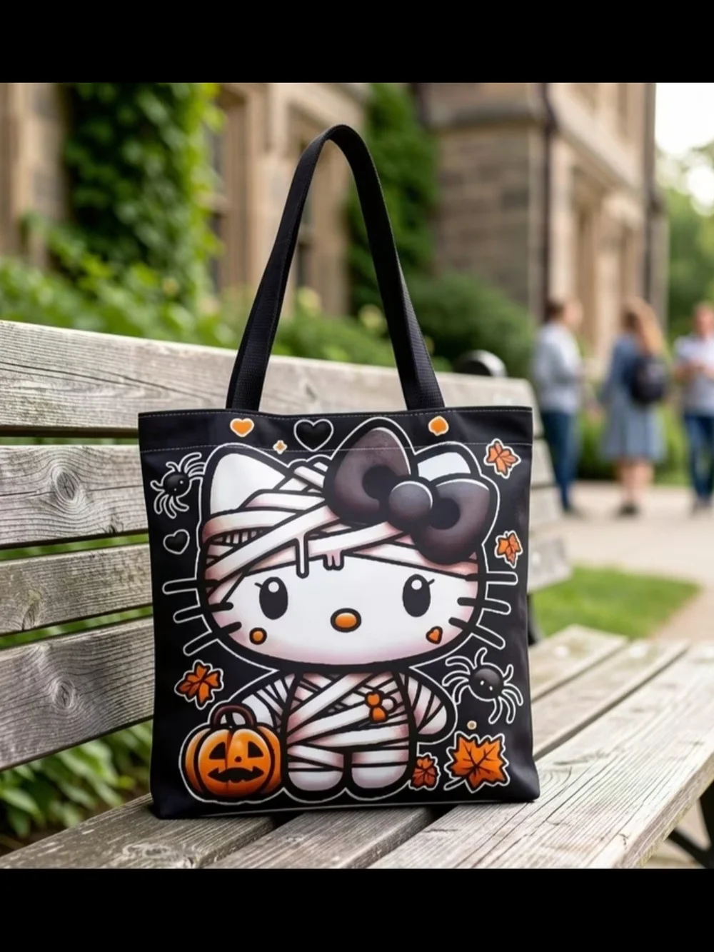 Black Halloween Kitty Tote Bag with Pumpkin